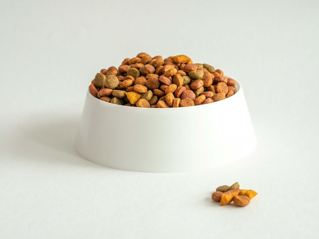 A white bowl with dry pet food for cats or dogs on a gray background