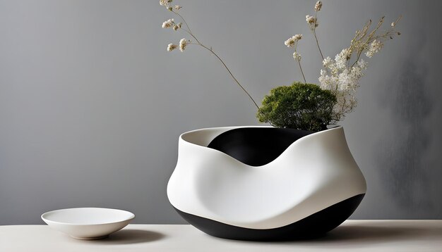 Photo a white bowl with flowers and a bowl on the table