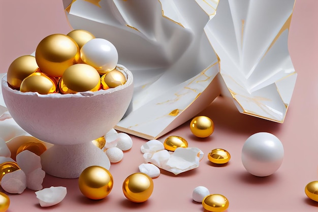 A white bowl with gold eggs on it