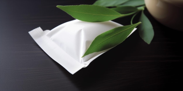 A white bowl with a green leaf on it sits on a black table.