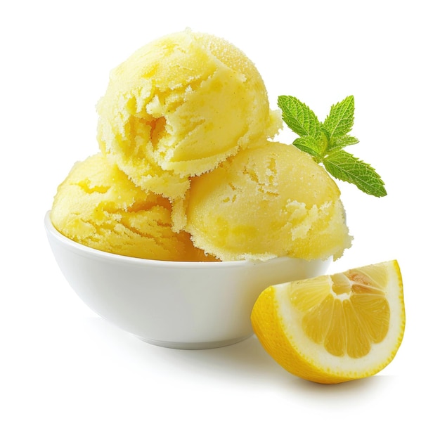 Foto una ciotola bianca con gelato e un cuneo di limone