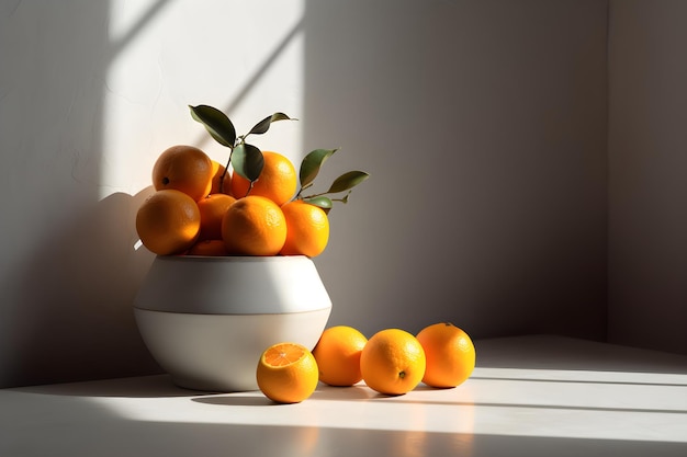 A white bowl with oranges and leaves on it