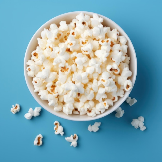 White bowl with popcorn on blue background Crispy classic popcorn snack Concept home theater