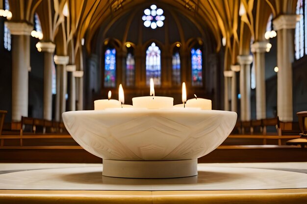 A white bowl with three candles in front of a stained glass window.