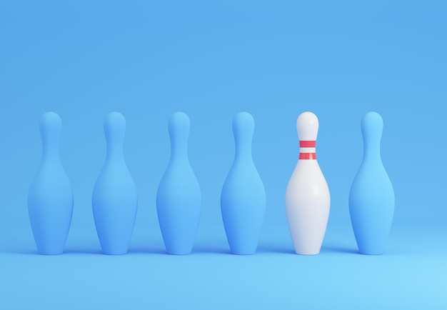 White bowling pin among blue pins  3d rendering illustartion