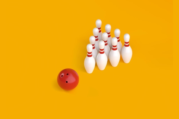 White bowling pins in form of triangle and bowling ball on yellow background 3d render illustration