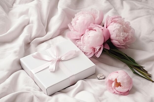 White box filled with pink flowers placed on a white blanket