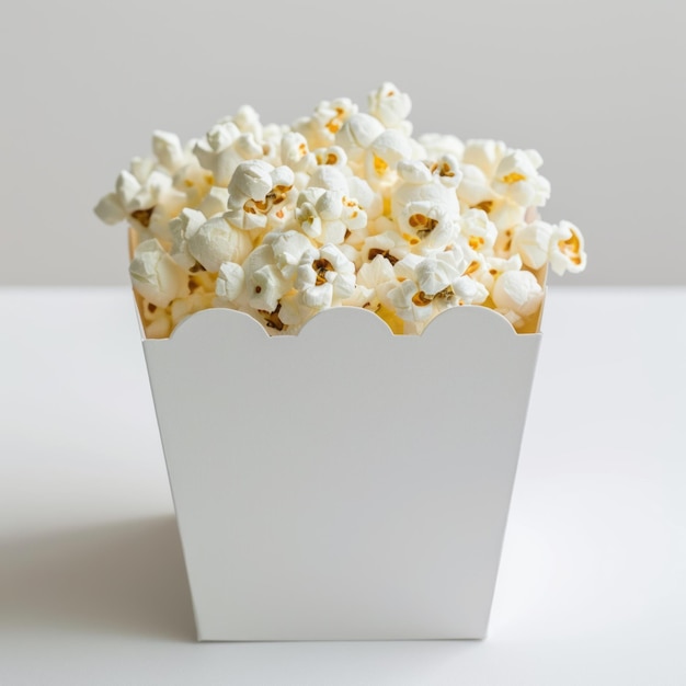 Photo white box filled with popcorn on table