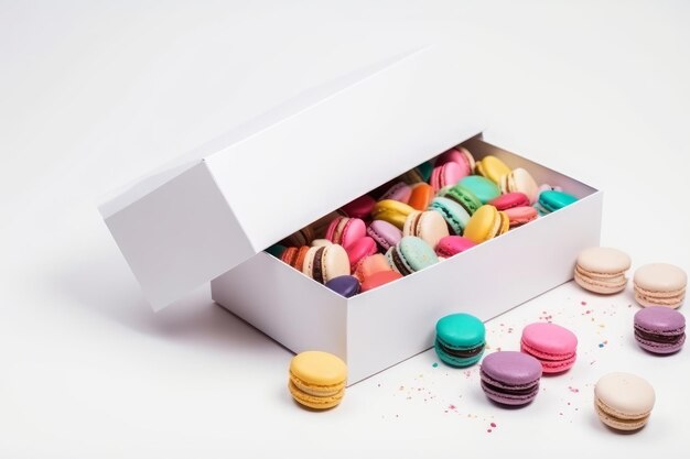 белая коробка с разноцветными миндальными печеньями на белом фоне французские десерты
