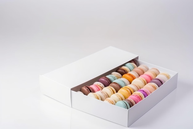 white box full of multicolored macaroons on the white background