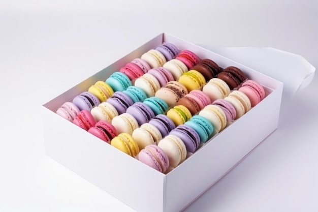 white box full of multicolored macaroons on the white background