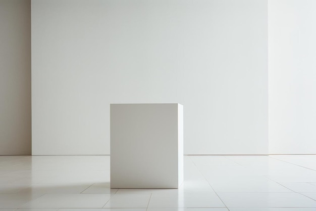 a white box is placed on a tiled floor with a white wall behind it.