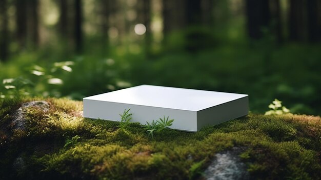 A white box mockup design in the forest