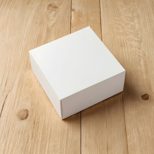 white box mockup on wood table background