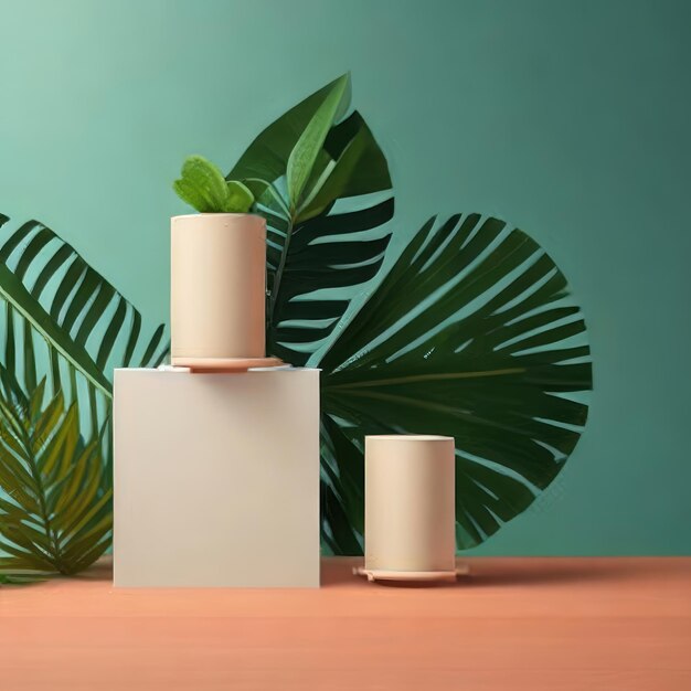 A white box with a green leaf on it sits on a table next to a plant.