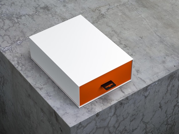 Photo white box with hang tab and orange interior part on concrete table, 3d rendering