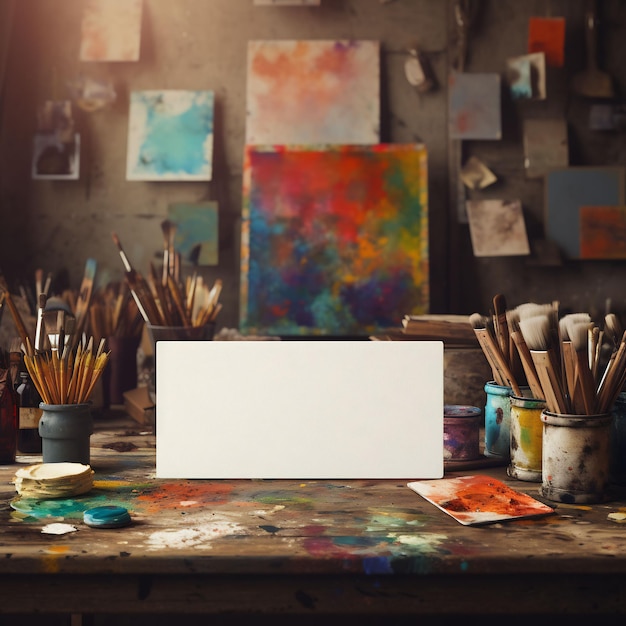 a white box with paint in front of a painting of various colors