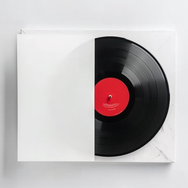 A white box with a red circle on the front and a black and white record in the middle.