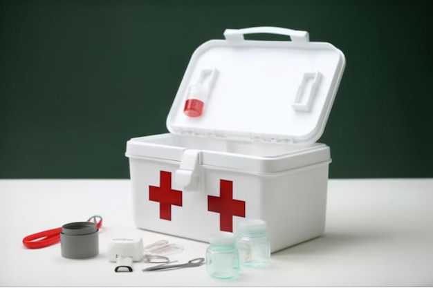 A white box with red cross on it and a red cross on the front.