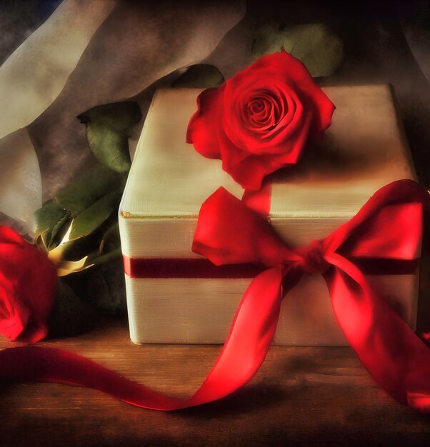 A white box with a red rose on it