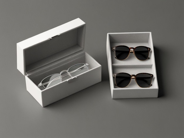Foto una scatola bianca con degli occhiali da sole e una scatoletta che dice occhiali da solare