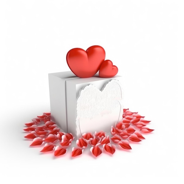 A white box with two hearts on it and a red heart on the top.