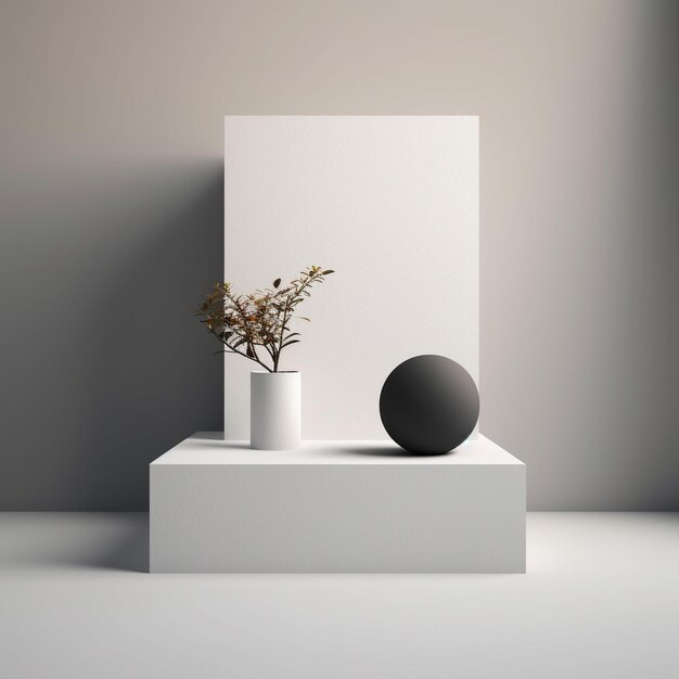 Photo a white box with a vase and a plant on it