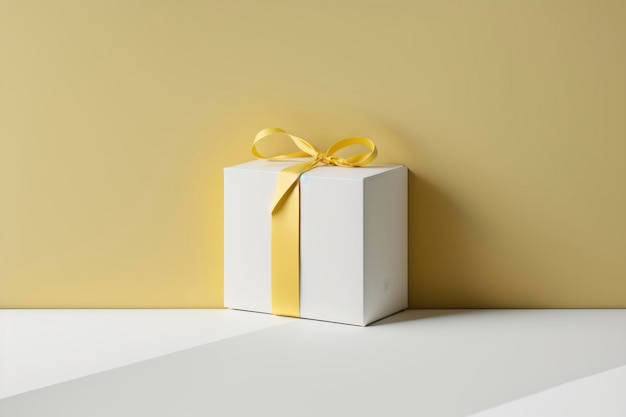 A white box with a yellow ribbon is on a table with a yellow background