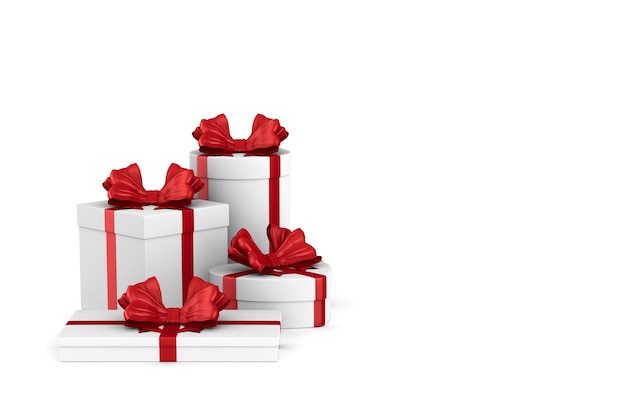 White boxes with red bow on white. Isolated 3D illustration