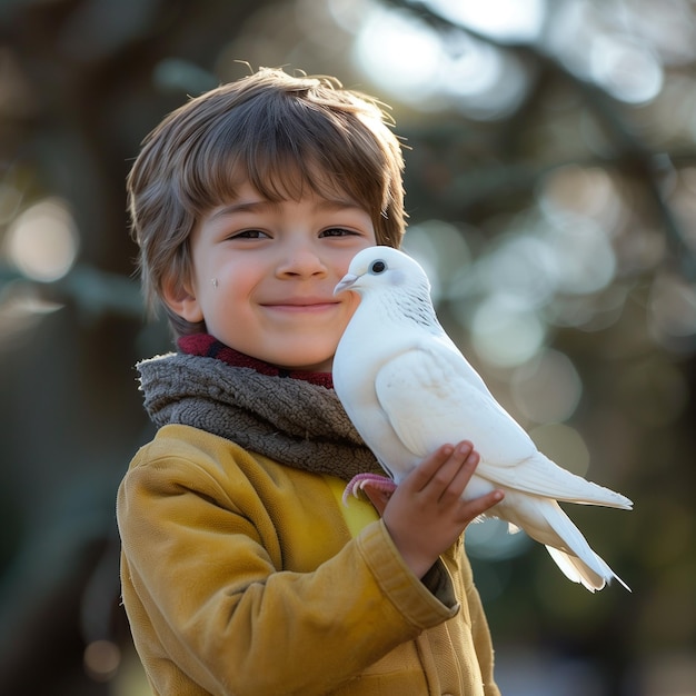 a white boy holding a white dove that is smiling peace symbol