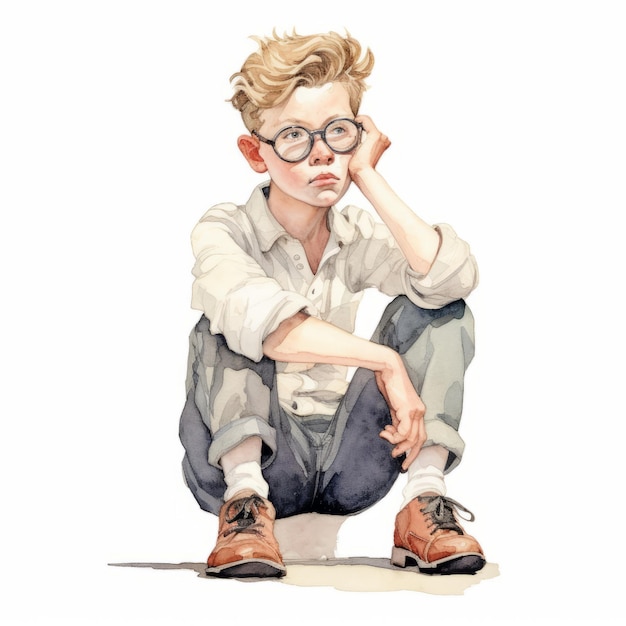 White boy in thinking and doubts pose watercolor illustration Young male character with dreamy face on abstract background Ai generated bright drawn poster