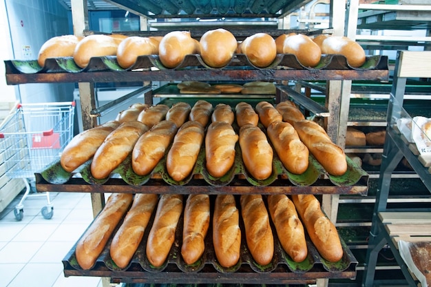 白面包法棍面包新鲜出炉的照片在一个面包房出售