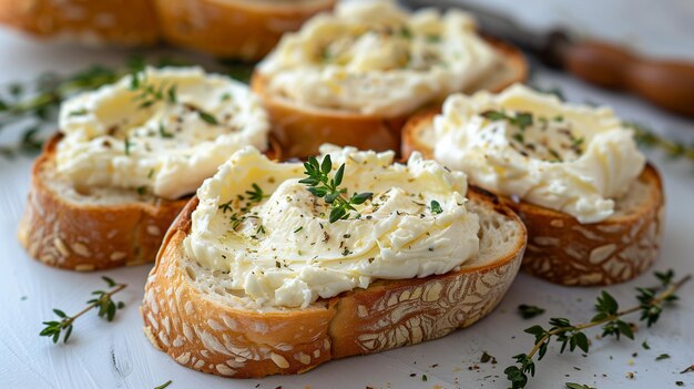 White bread with cream cheese and herbs on it with white background