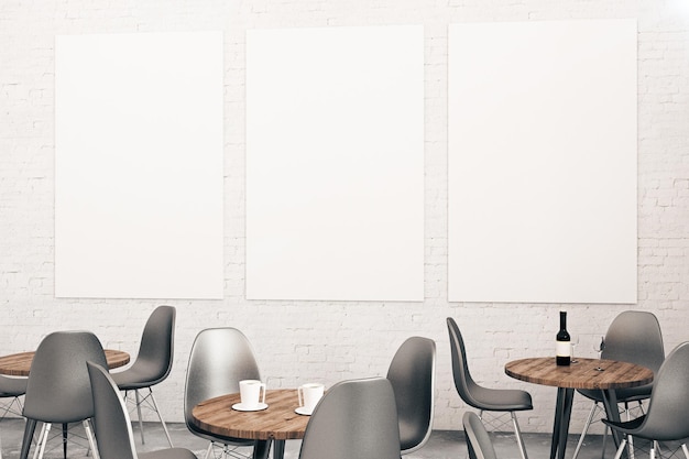 White brick cafe with three banners