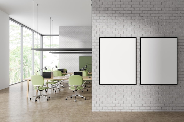 White brick open space office with posters