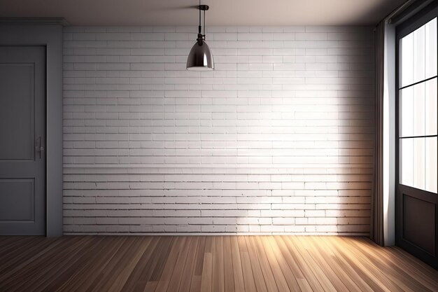 White brick wall background with perspective light wood slightl