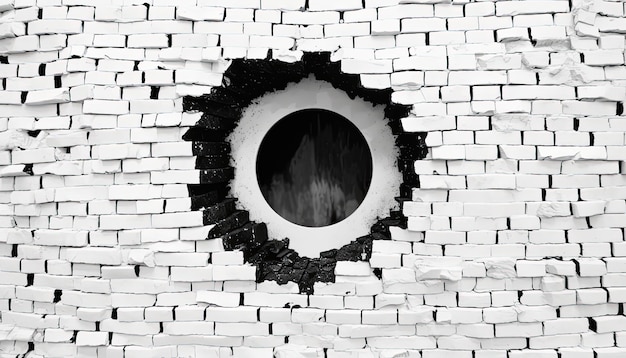 Foto white brick wall with a black hole in the center