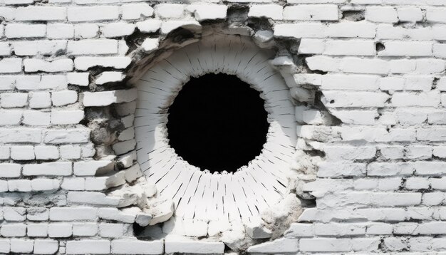 White brick wall with a black hole in the center