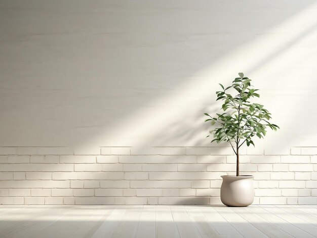 Photo white brick wall with green potted tree in front of it