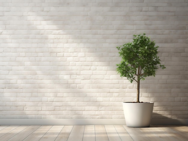 White brick wall with green potted tree in front of it