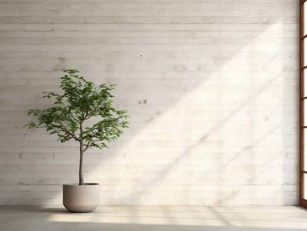 Photo white brick wall with green potted tree in front of it