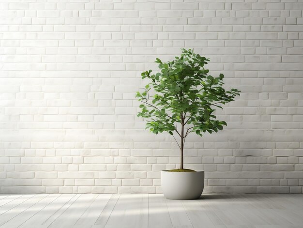 Photo white brick wall with green potted tree in front of it