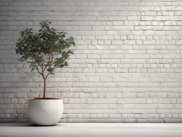 Photo white brick wall with green potted tree in front of it