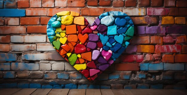 a white brick wall with heart graffiti in rainbow color heart on brick wall Generative Ai