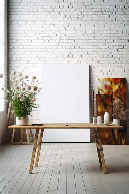 A white brick wall with a table and a vase on it.