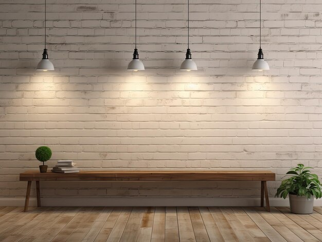 White brick wall with two lamps hanging over wooden flor