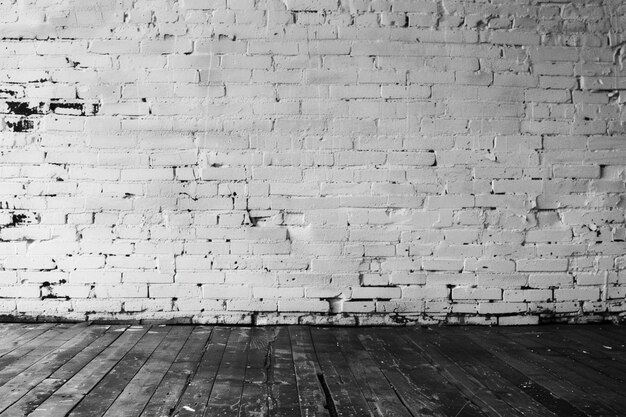 Photo white brick wall and wooden floor empty room for copy or product presentation