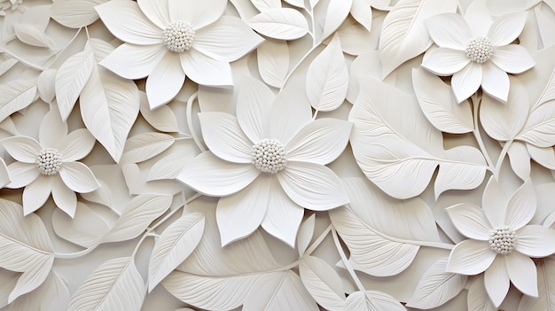 White bright abstract floral flowers leaves 3d tile