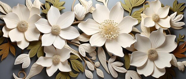 白い鮮やかな抽象的な花の葉 3Dタイル 壁の質感の背景