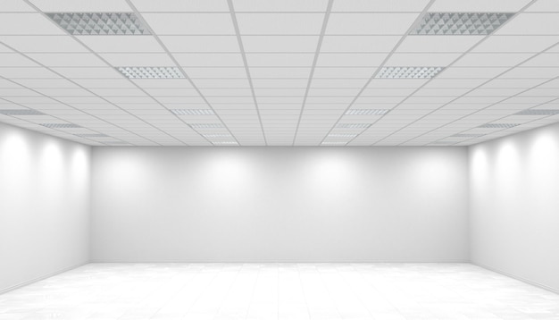 White bright empty office room panorama with square ceiling lights. 3d rendering